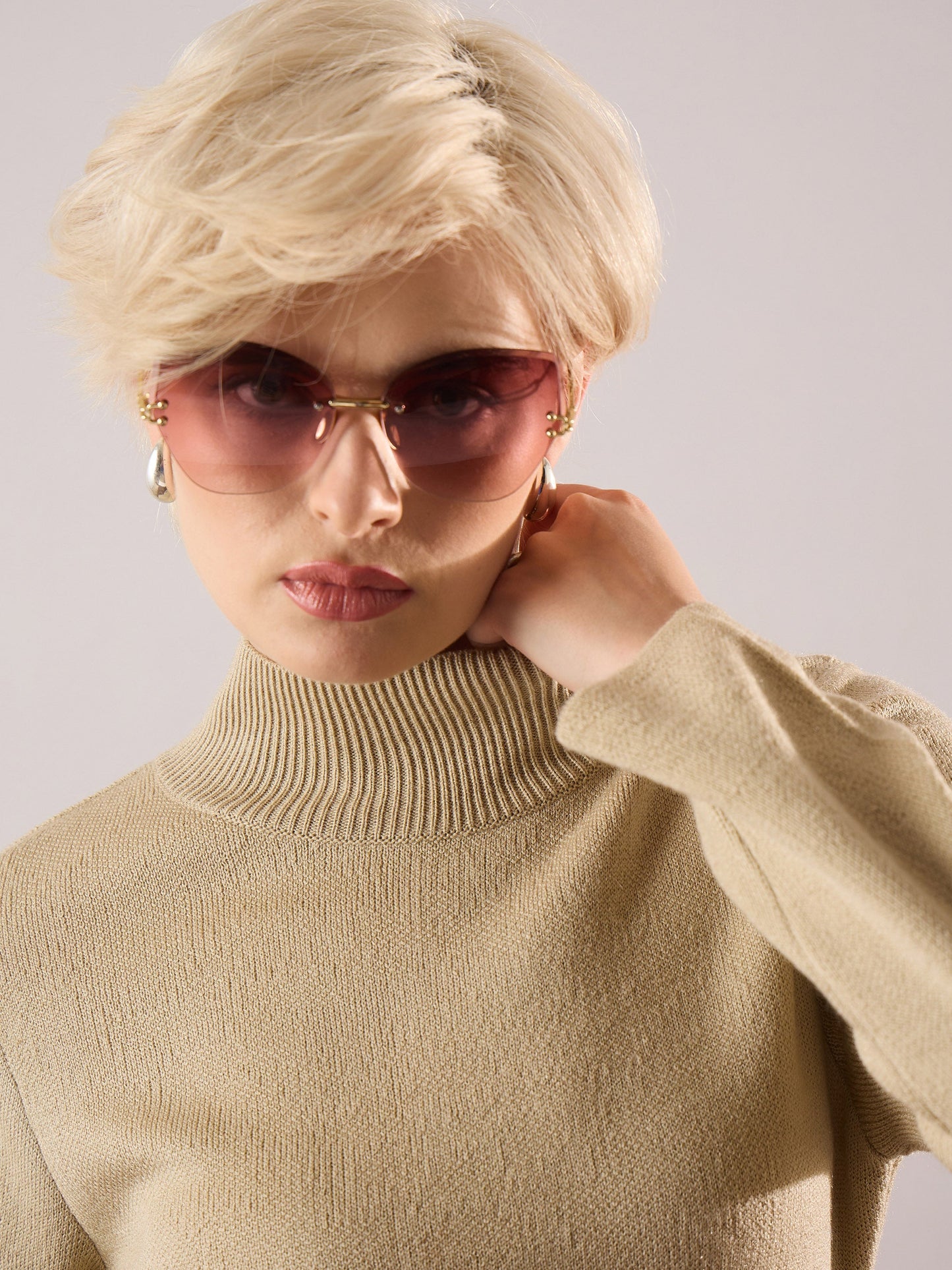 Women Beige Acrylic Wool Hem Frindge Detail Midi Dress