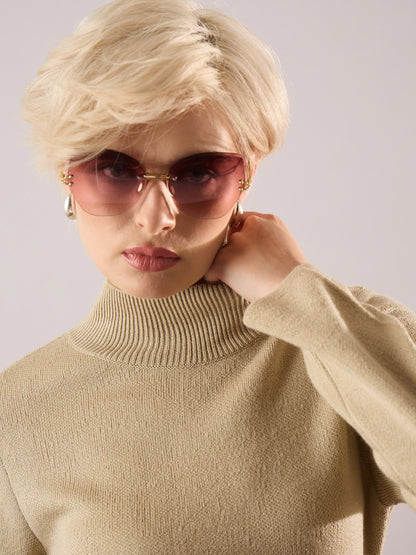 Women Beige Acrylic Wool Hem Frindge Detail Midi Dress