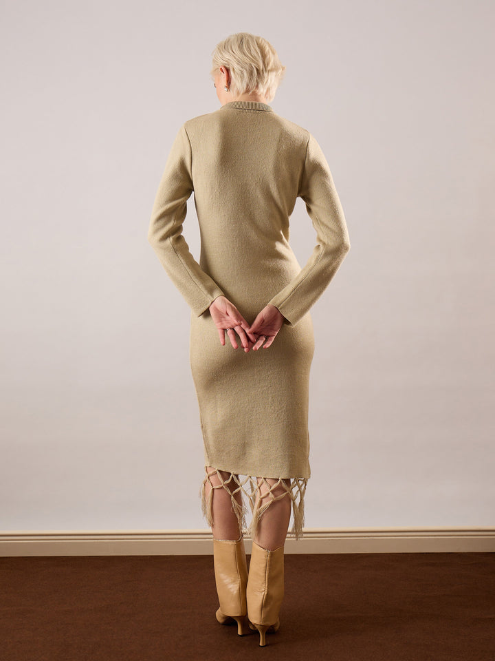 Women Beige Acrylic Wool Hem Frindge Detail Midi Dress