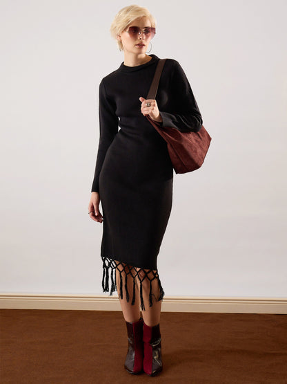 Women Black Acrylic Wool Hem Frindge Detail Midi Dress
