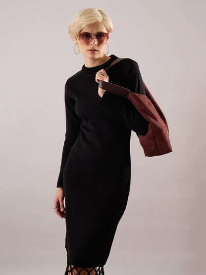 Women Black Acrylic Wool Hem Frindge Detail Midi Dress