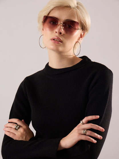 Women Black Acrylic Wool Hem Frindge Detail Midi Dress