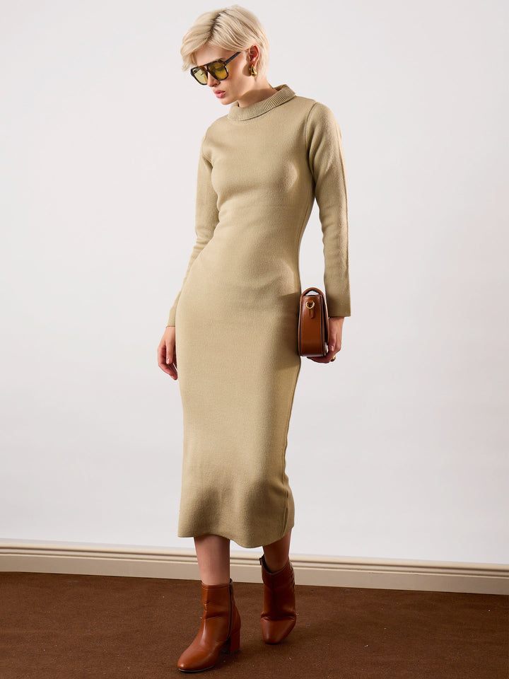 Beige Acrylic Wool High Neck Midi Dress