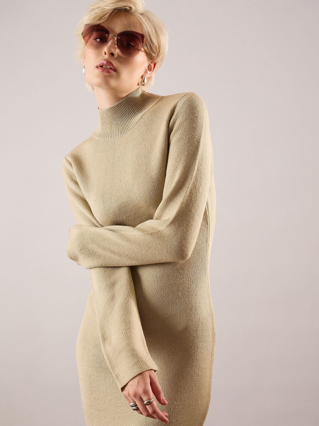 Beige Acrylic Wool High Neck Midi Dress