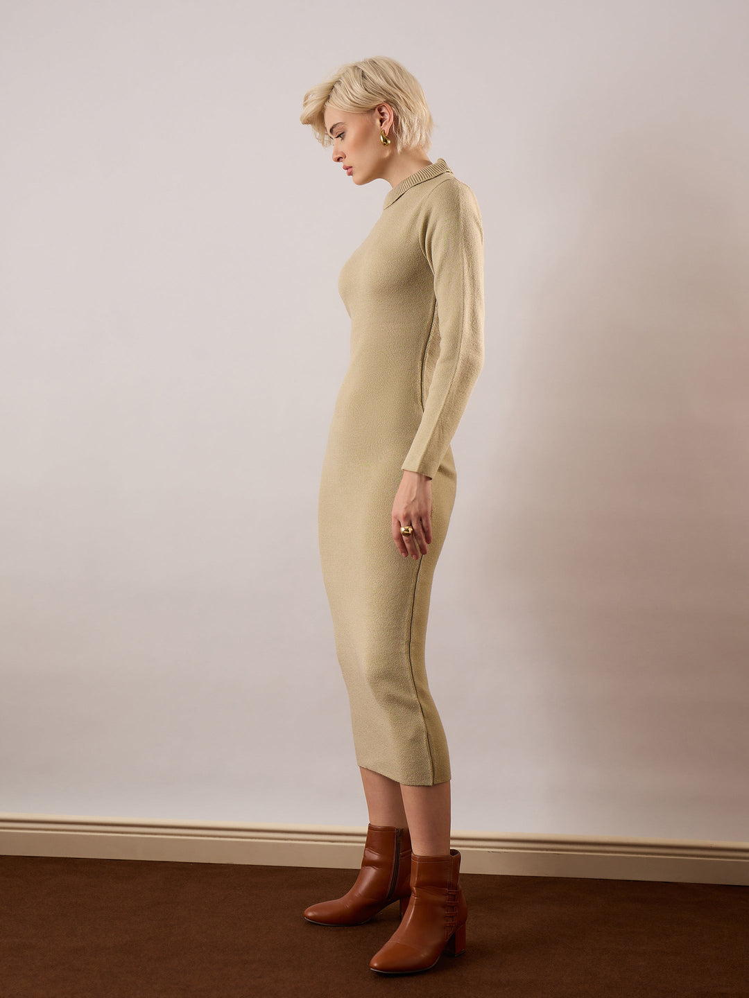 Beige Acrylic Wool High Neck Midi Dress