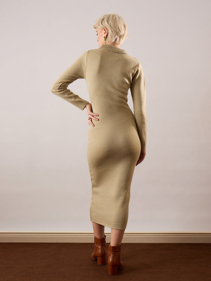 Beige Acrylic Wool High Neck Midi Dress