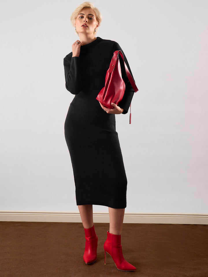 Black Acrylic Wool High Neck Midi Dress