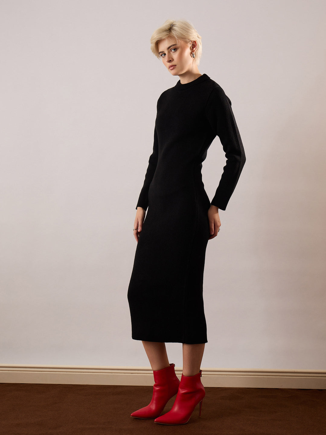 Black Acrylic Wool High Neck Midi Dress