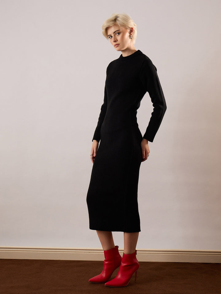 Black Acrylic Wool High Neck Midi Dress