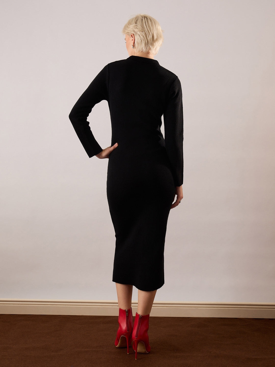 Black Acrylic Wool High Neck Midi Dress