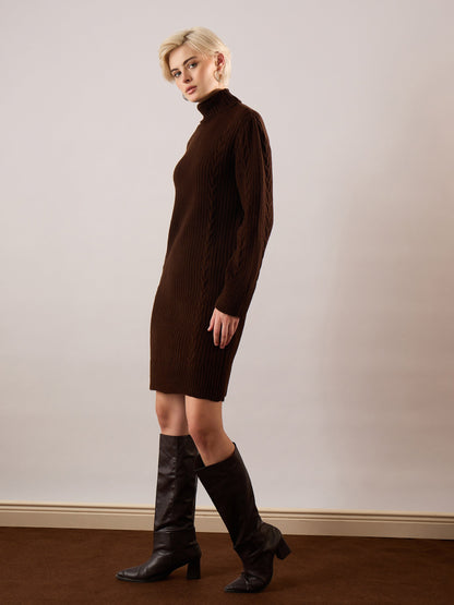Women Brown Acrylic Wool Turtle Neck Short Dress
