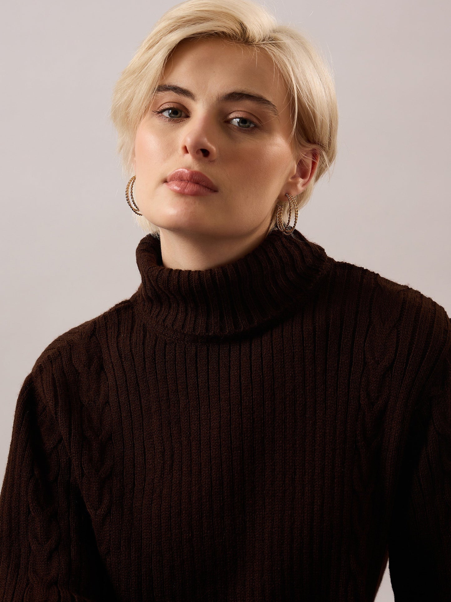 Women Brown Acrylic Wool Turtle Neck Short Dress