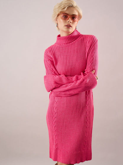 Pink Acrylic Wool Turtle Neck Short Dress