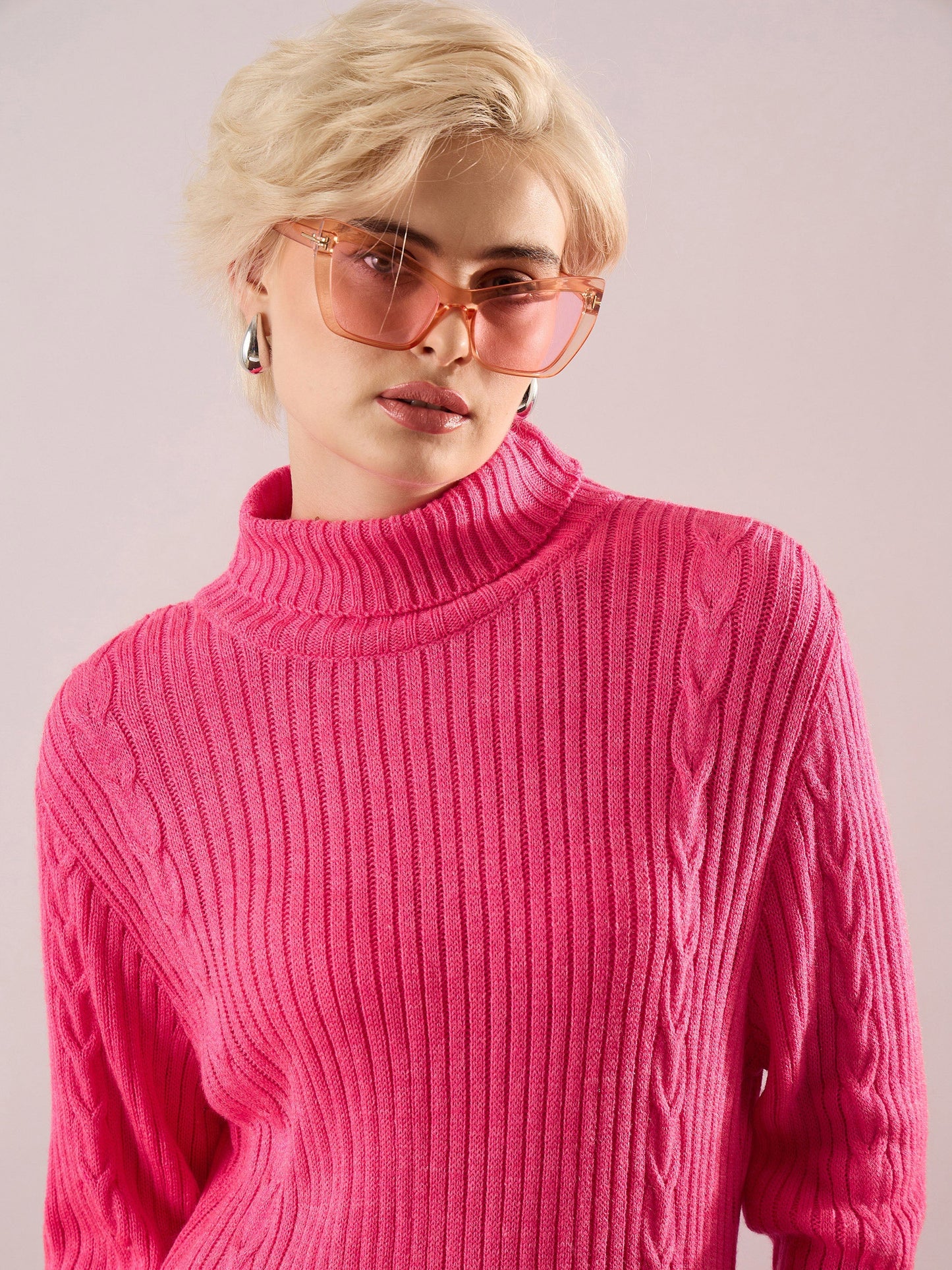 Pink Acrylic Wool Turtle Neck Short Dress
