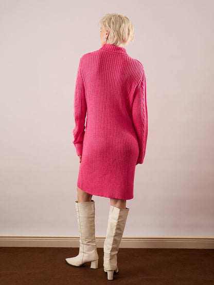 Pink Acrylic Wool Turtle Neck Short Dress