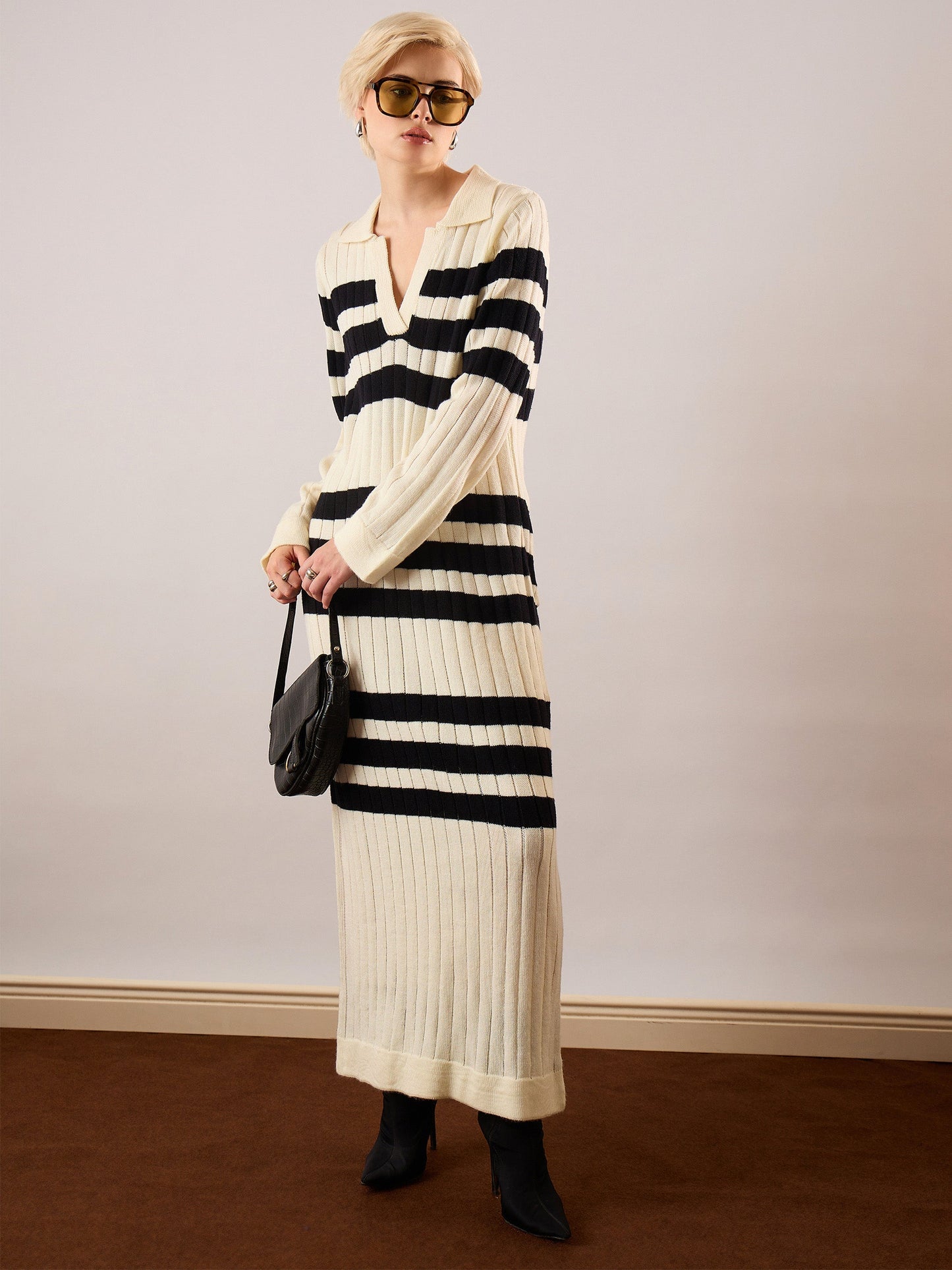 Black & Off White Striped Acrylic Wool Collar Midi Dress