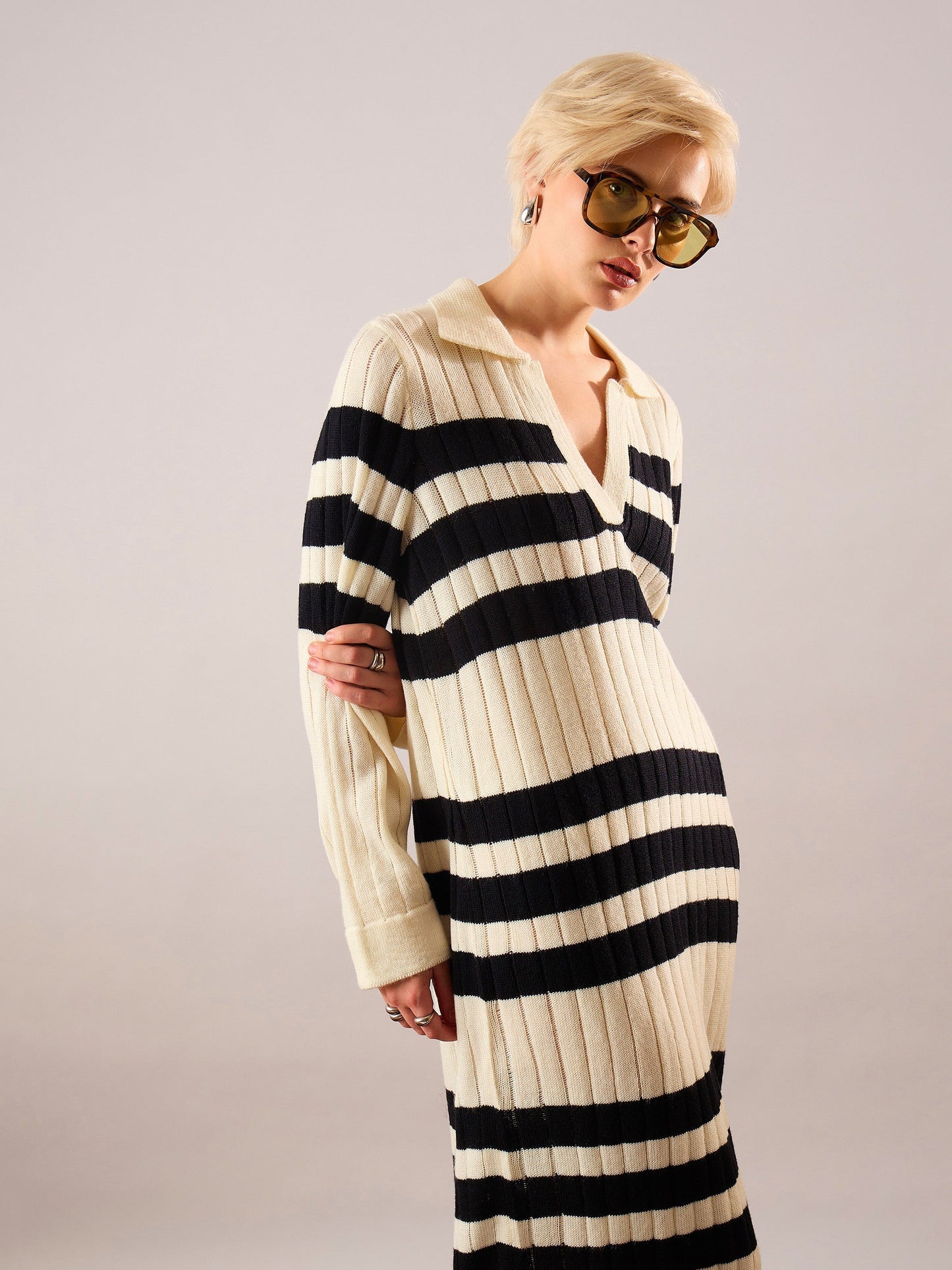 Black & Off White Striped Acrylic Wool Collar Midi Dress