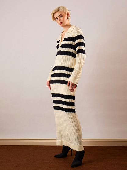 Black & Off White Striped Acrylic Wool Collar Midi Dress