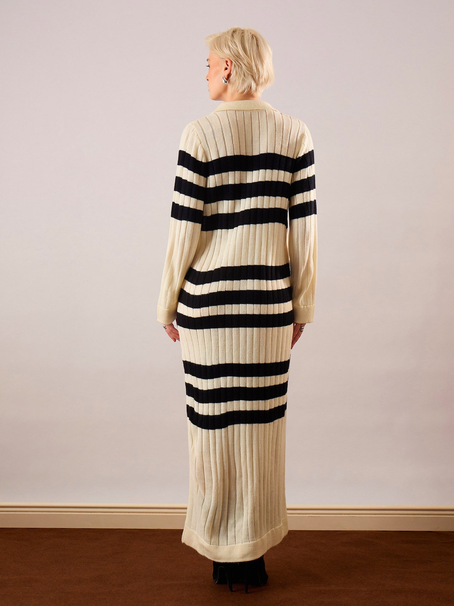 Black & Off White Striped Acrylic Wool Collar Midi Dress