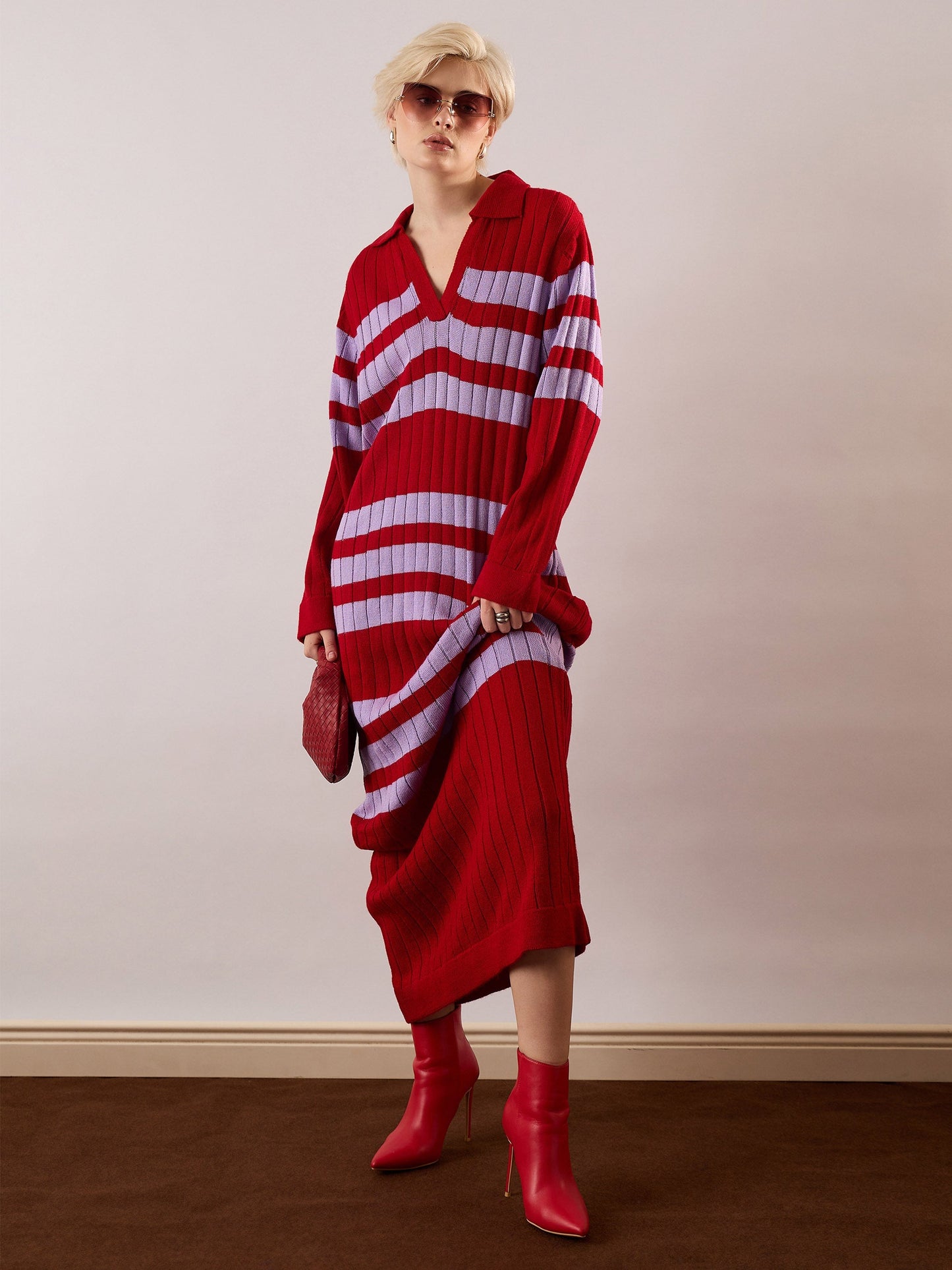 Women Red & Lavender Striped Acrylic Wool Collar Midi Dress