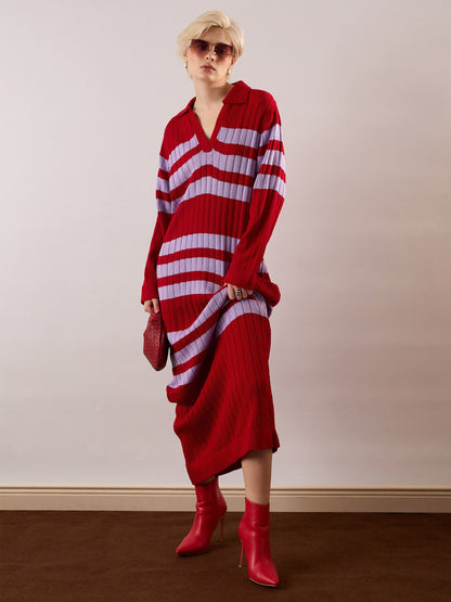 Women Red & Lavender Striped Acrylic Wool Collar Midi Dress