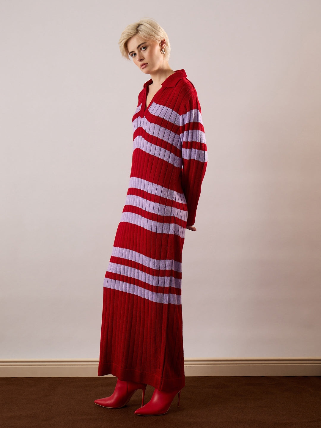 Women Red &amp; Lavender Striped Acrylic Wool Collar Midi Dress
