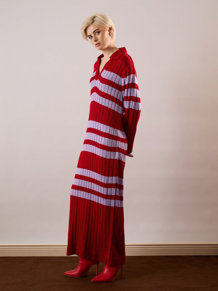 Women Red &amp; Lavender Striped Acrylic Wool Collar Midi Dress