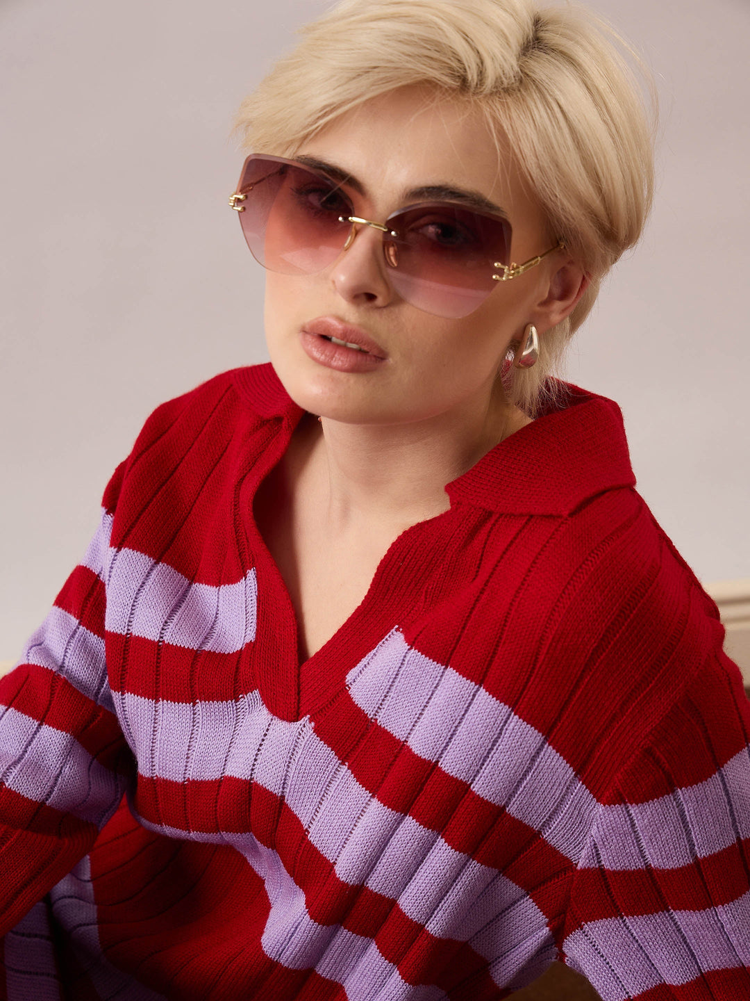 Women Red &amp; Lavender Striped Acrylic Wool Collar Midi Dress