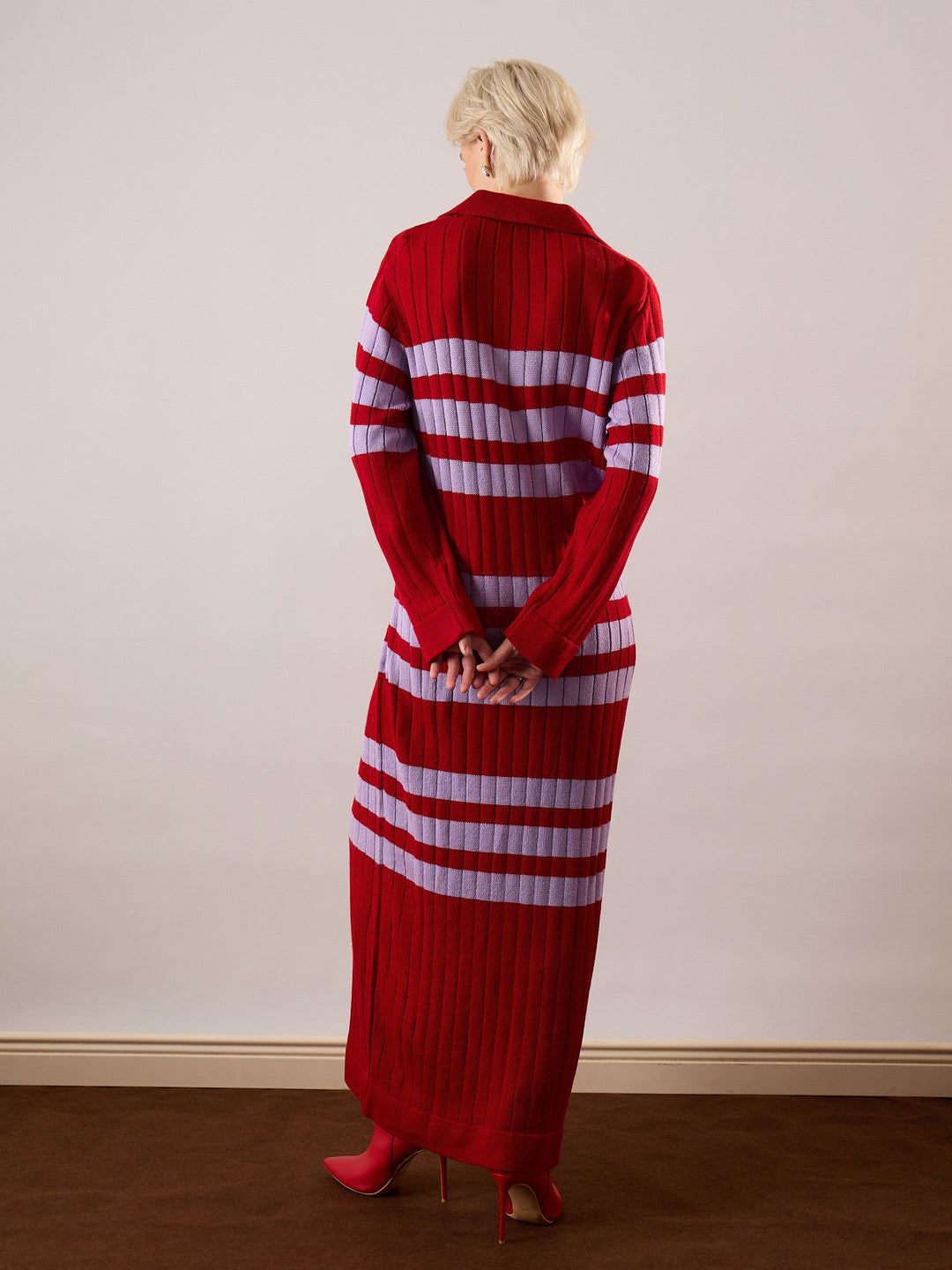 Women Red &amp; Lavender Striped Acrylic Wool Collar Midi Dress