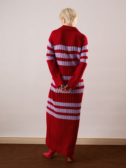 Women Red & Lavender Striped Acrylic Wool Collar Midi Dress