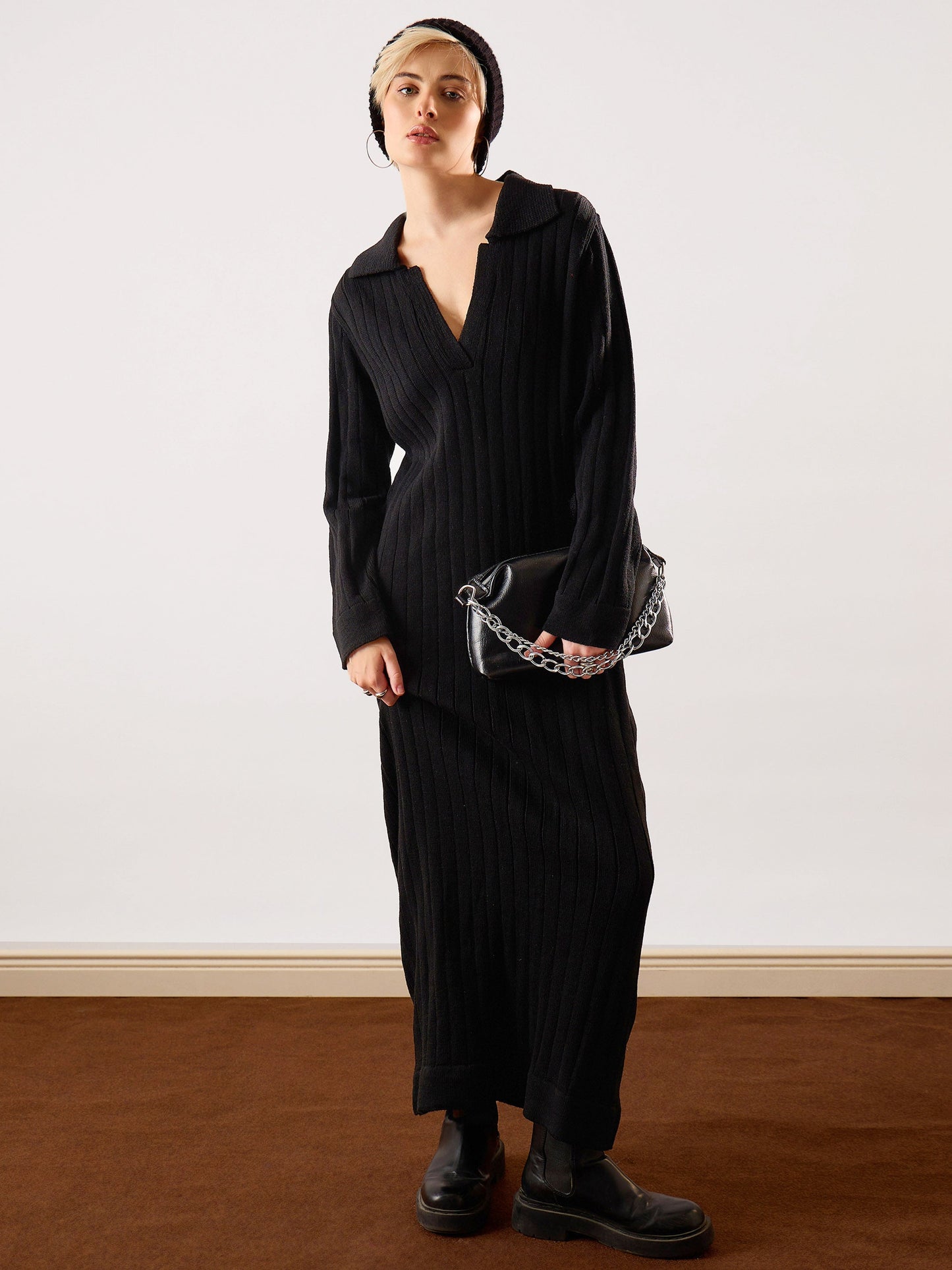 Black Acrylic Wool Collar Midi Dress