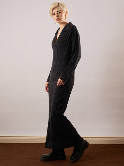Black Acrylic Wool Collar Midi Dress