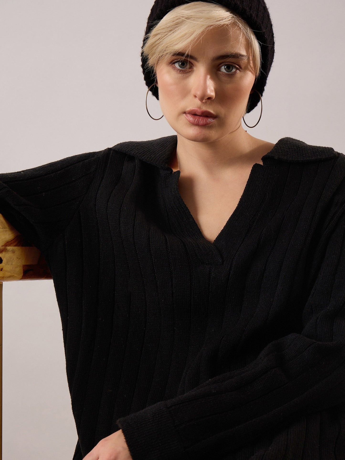 Black Acrylic Wool Collar Midi Dress