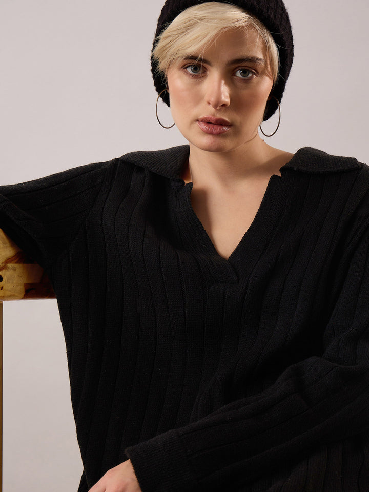 Black Acrylic Wool Collar Midi Dress