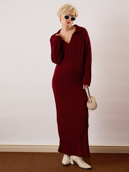 Women Maroon Acrylic Wool Collar Midi Dress