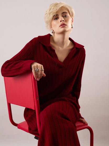 Women Maroon Acrylic Wool Collar Midi Dress