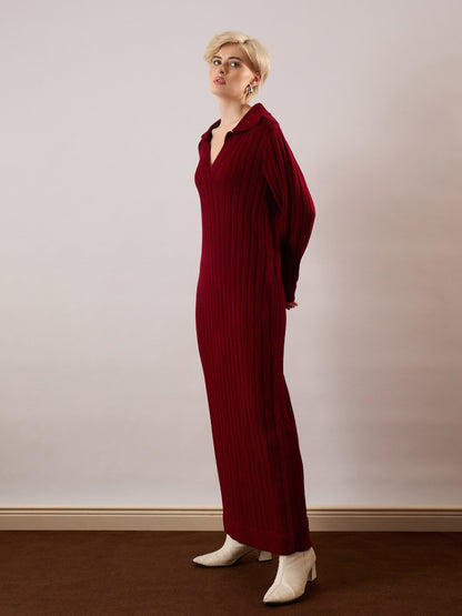 Women Maroon Acrylic Wool Collar Midi Dress