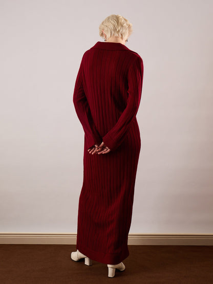 Women Maroon Acrylic Wool Collar Midi Dress