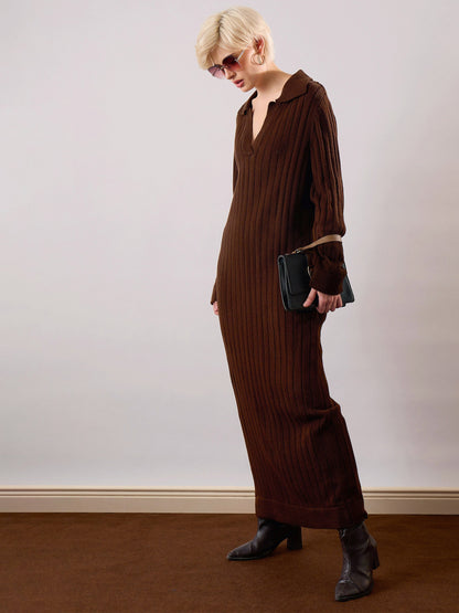 Brown Acrylic Wool Collar Midi Dress
