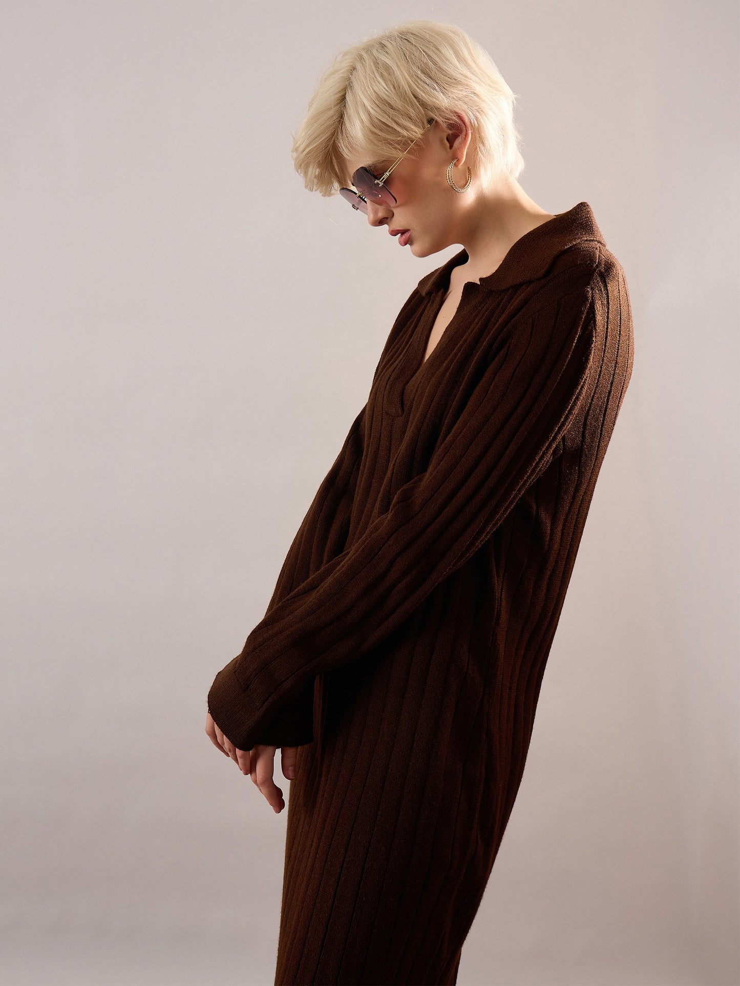 Brown Acrylic Wool Collar Midi Dress