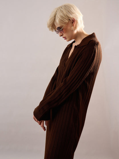 Brown Acrylic Wool Collar Midi Dress