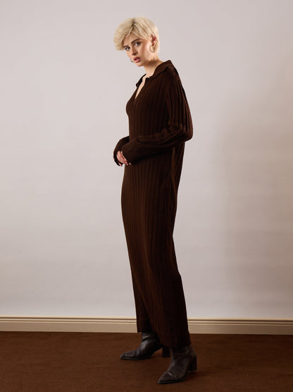 Brown Acrylic Wool Collar Midi Dress