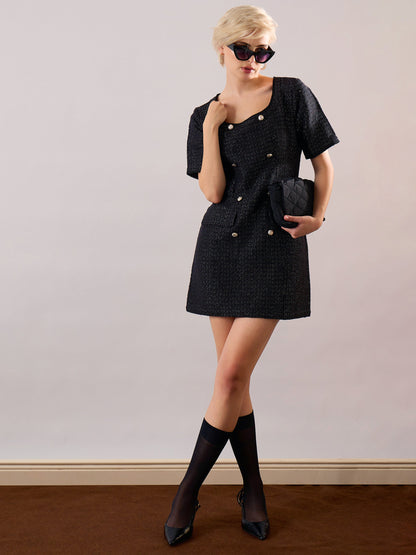 Women Black Tweed Round Neck Short Dress