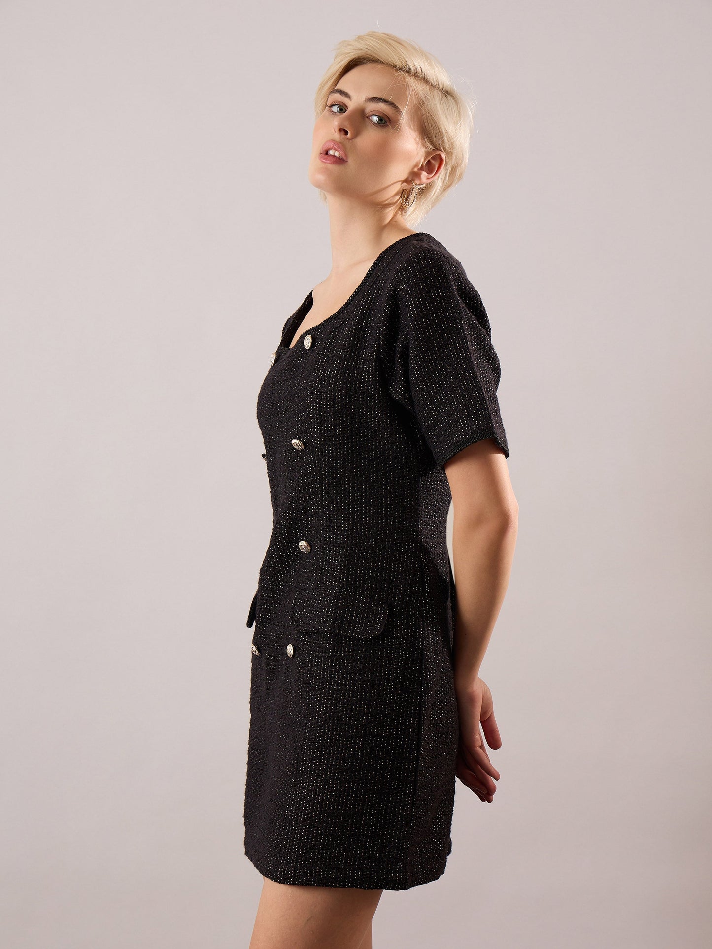 Women Black Tweed Round Neck Short Dress