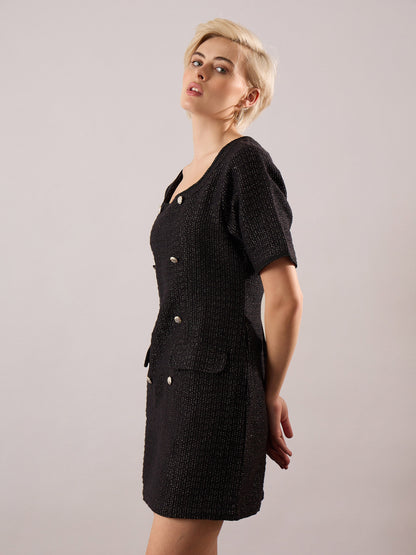 Women Black Tweed Round Neck Short Dress