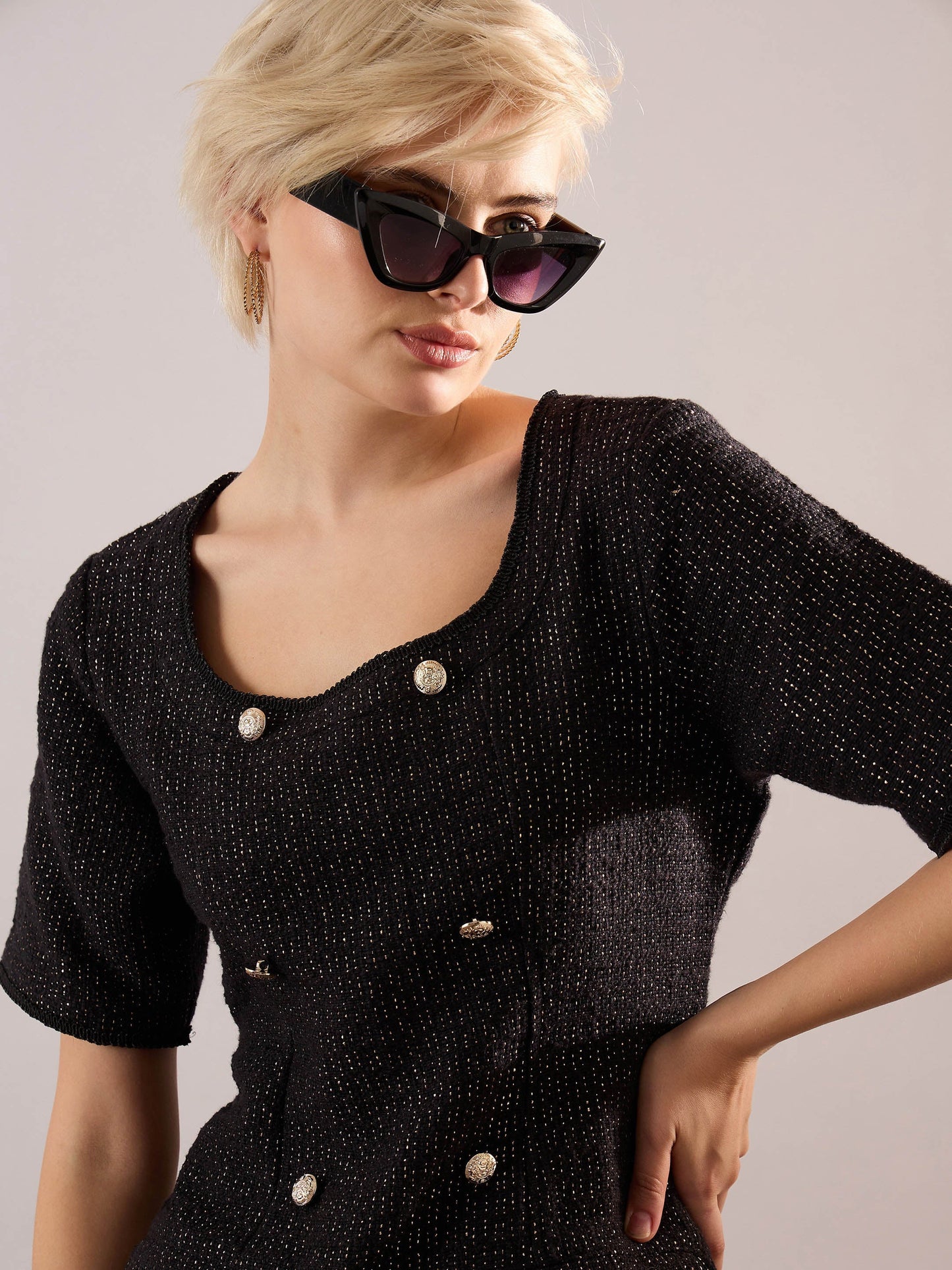 Women Black Tweed Round Neck Short Dress