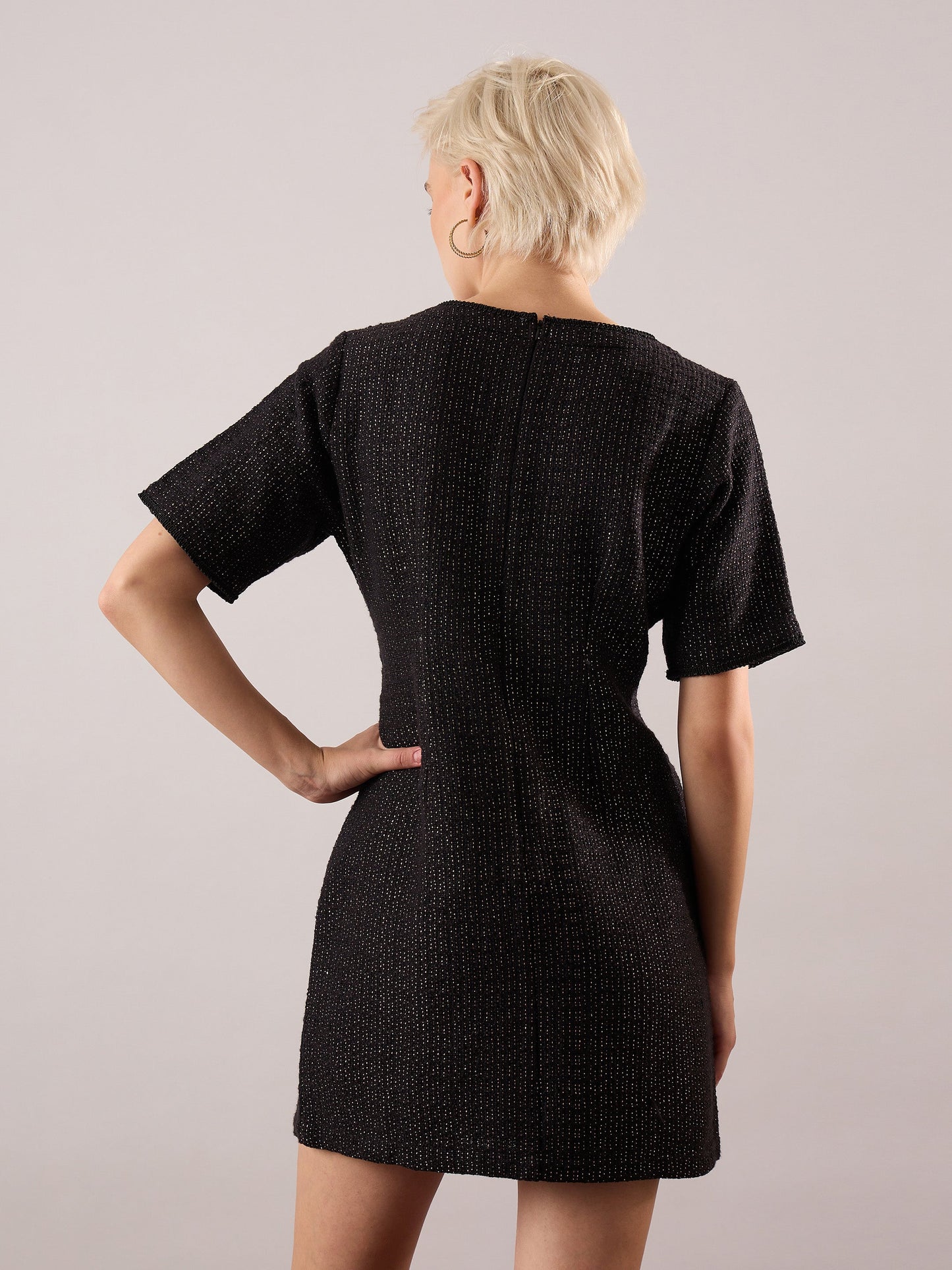 Women Black Tweed Round Neck Short Dress