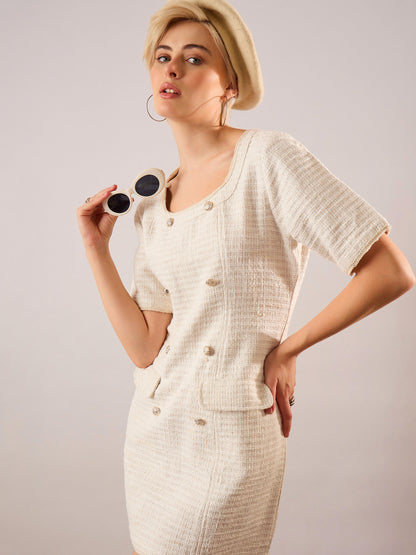 Women White Tweed Round Neck Short Dress