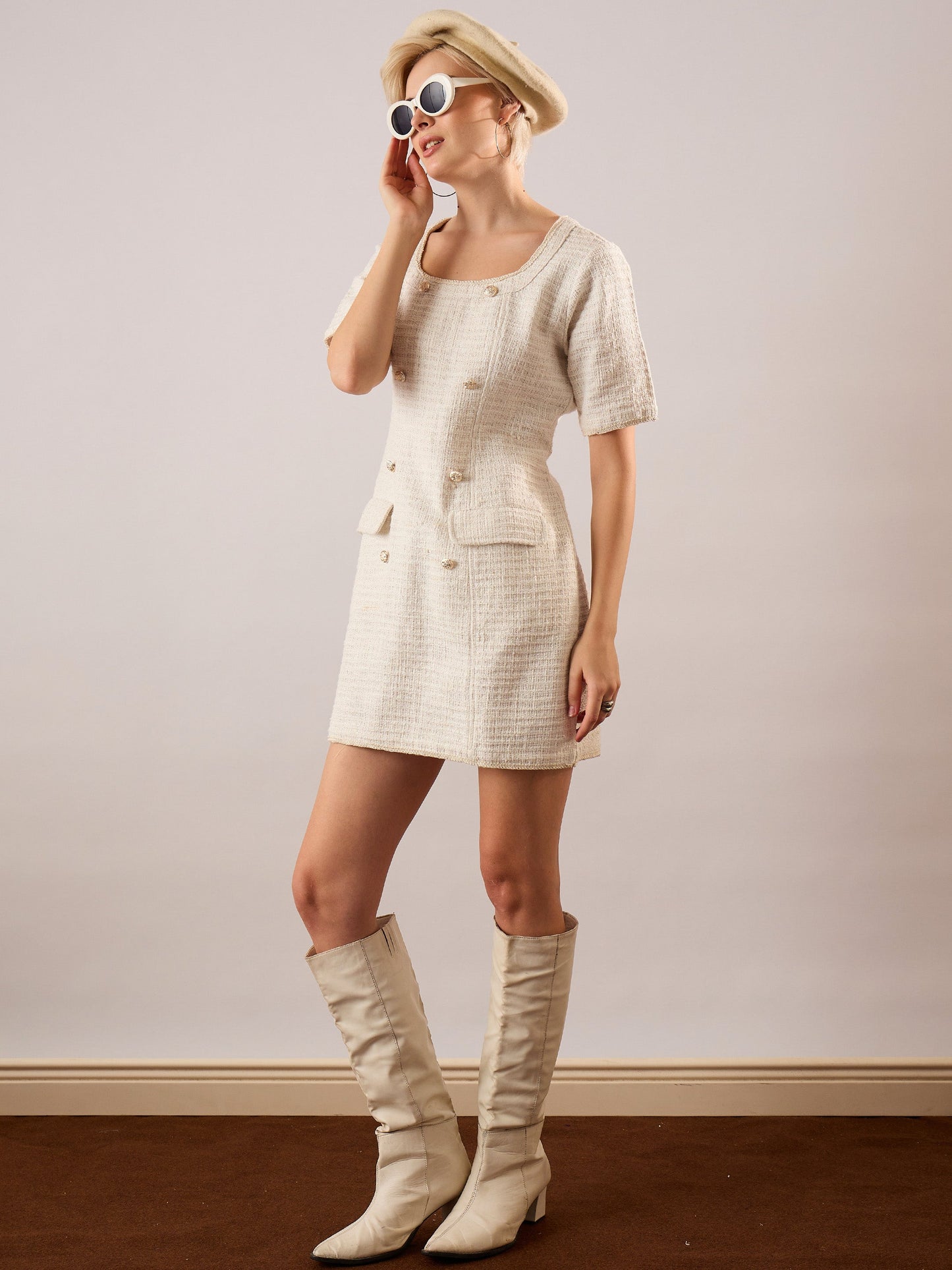 Women White Tweed Round Neck Short Dress