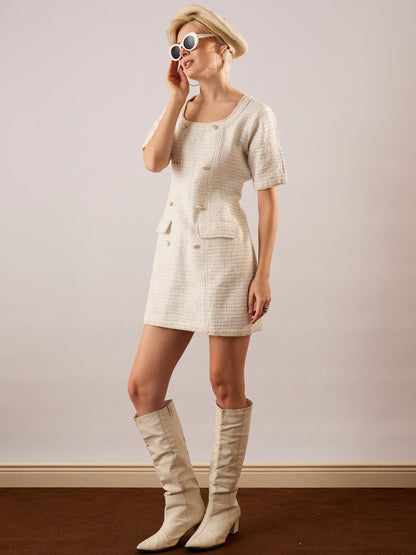 Women White Tweed Round Neck Short Dress